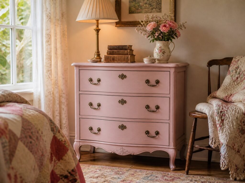 muted rose painted dresser styled with a warm lamp, old books, soft quilts, vintage wood chair, and cozy cottage details.