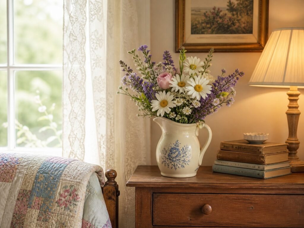 Cottagecore decor ideas with daisies and lavender in a vintage ceramic pitcher on a wooden dresser beside old books, lace curtains, and warm lamp light.