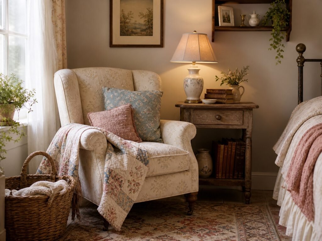 Cottagecore decor ideas with a collected vintage sitting corner, cozy armchair, mismatched pillows, quilt, warm lamp, old books, basket, and layered cottage details.