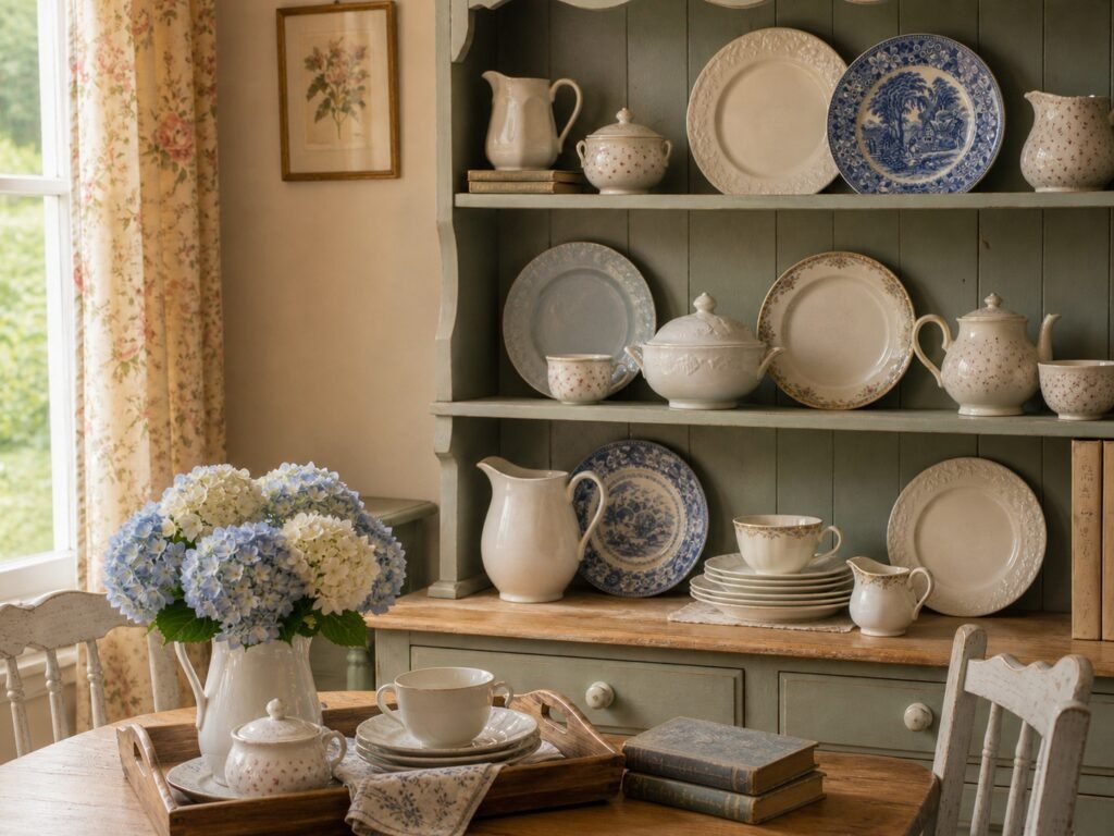 collected vintage dishes displayed in a painted hutch, including blue transferware, cream ironstone, teacups, old books, and one hydrangea bouquet.