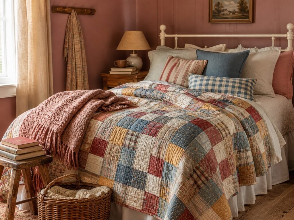 vintage bedroom, patchwork quilt, warm throw blanket, gingham pillows, old books, and soft rose-colored walls.