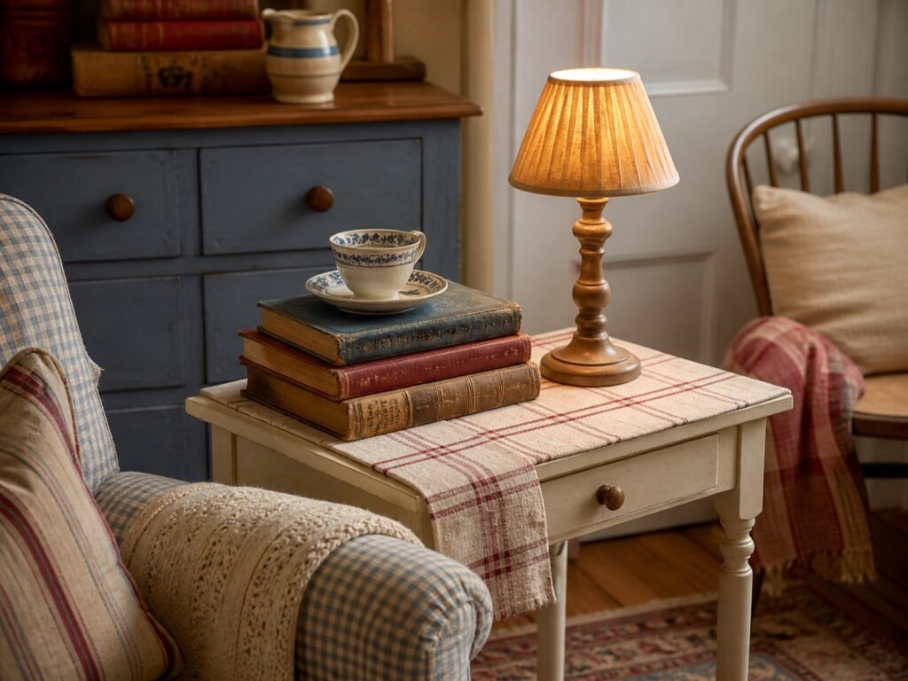 a small cream side table styled with a warm lamp, old books, a teacup, checked fabric, and cozy vintage seating.