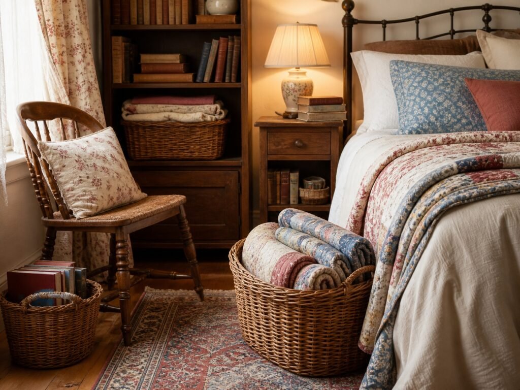 woven baskets holding folded quilts and books in a cozy vintage bedroom with layered bedding, old books, and warm lamp light.