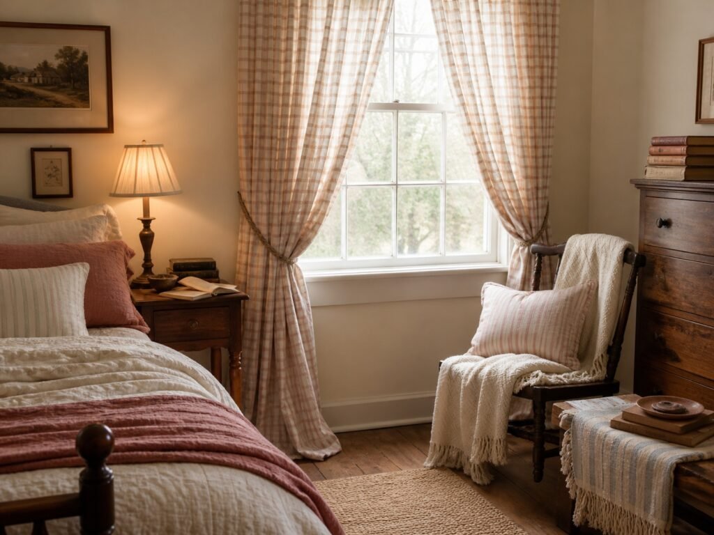 Cottagecore decor ideas with soft checked curtains framing a bedroom window, paired with warm lamp light, layered bedding, vintage wood furniture, and a cozy chair.