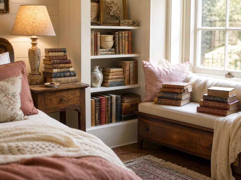 old books styled on shelves, a wooden side table, and a cozy window seat with soft pillows and warm vintage lighting.