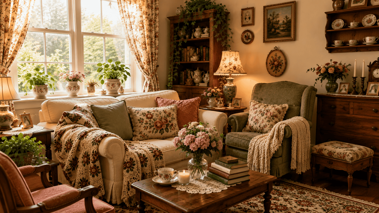 Grandmacore living room decor ideas with a cozy vintage sofa, floral curtains, warm lamps, collected wood furniture, books, plants, and crochet throws.