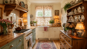 Grandmacore kitchen decor with floral curtains, vintage dishes, warm wood accents, and cozy collected cottage style.