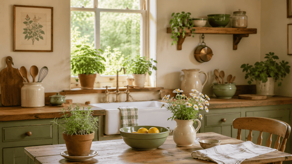 Grandmacore kitchen decor with potted herbs, a sunny window, botanical wall art, warm wood counters, and cozy cottage charm.