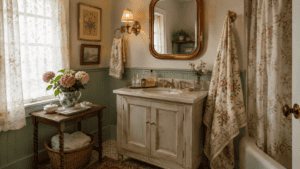 Grandmacore bathroom decor ideas with a vintage vanity, floral towels, lace curtains, brass accents, and cozy cottage-style details.