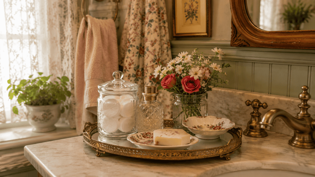 Grandmacore bathroom sink tray with cotton rounds, floral soap dish, flowers, brass fixtures, and vintage vanity styling.