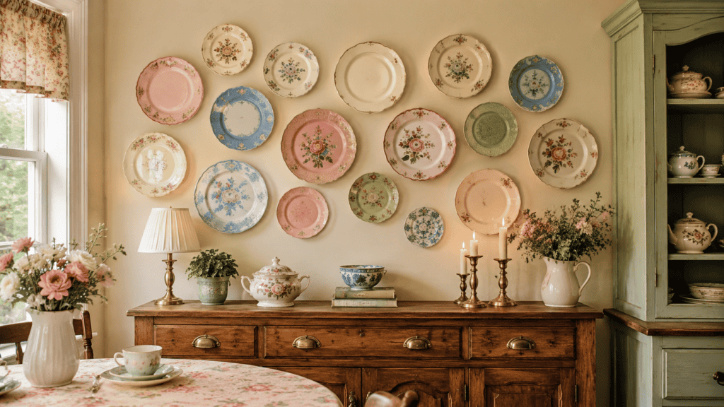 Vintage kitchen with a colorful blush pink, soft blue, sage green, and cream dishes above a wooden sideboard.