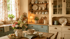 Cozy cottage kitchen with sage cabinets, floral curtains, vintage dishes, brass hardware, warm wood accents, and soft natural light.