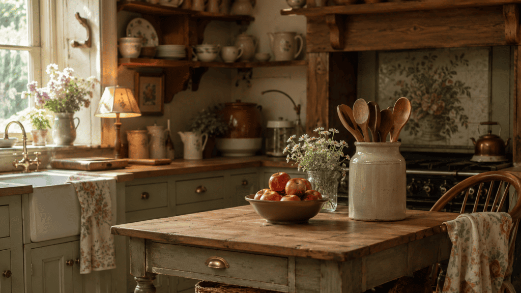warm wood tones, a rustic wooden island, muted green cabinets, brass hardware, a vintage crock with wooden spoons, a bowl of apples, and a softly glowing lamp.