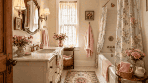 Cozy cottage bathroom with floral shower curtain, pink towels, vintage mirror, brass fixtures, woven baskets, and soft natural light.