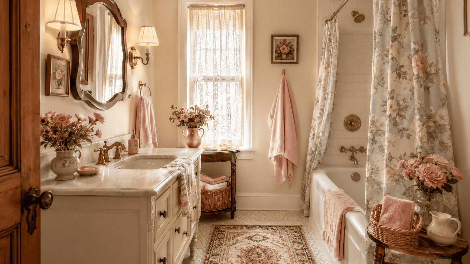 Cozy cottage bathroom with floral shower curtain, pink towels, vintage mirror, brass fixtures, woven baskets, and soft natural light.