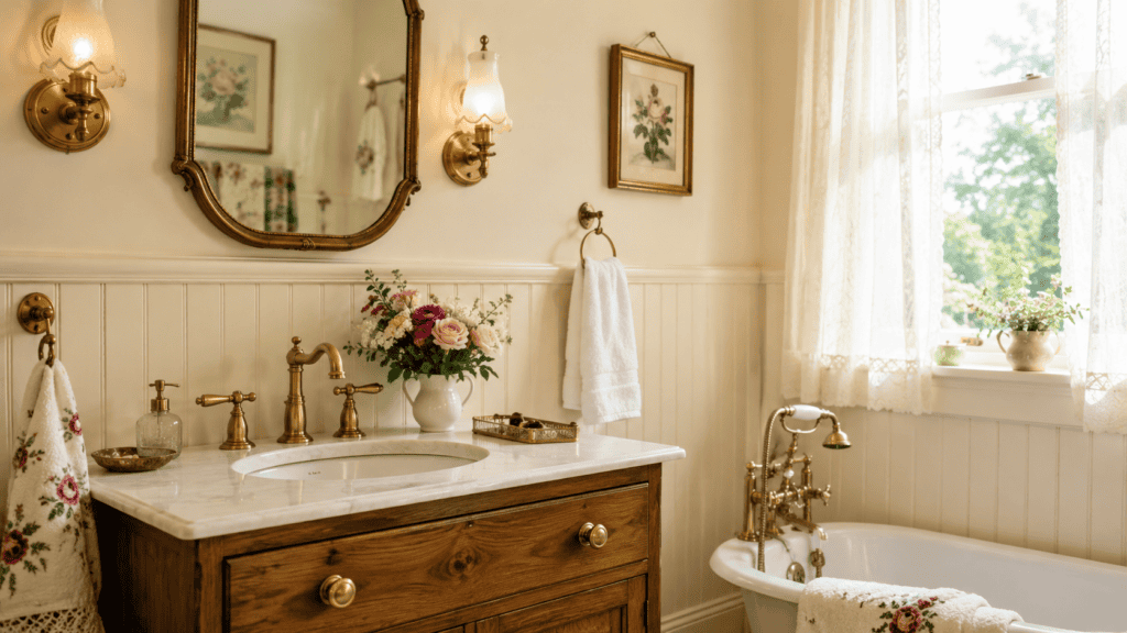 antique-style brass hardware, warm wood vanity, vintage mirror, floral hand towel, marble countertop, and soft natural light.