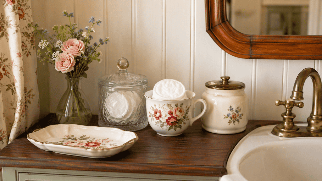 countertop with floral teacup, glass jar, vintage dish, ceramic container, brass faucet, flowers, and warm wood accents.