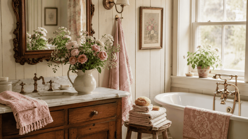 flowers in a ceramic pitcher, vintage mirror, brass fixtures, warm wood vanity, soft towels, and natural light.