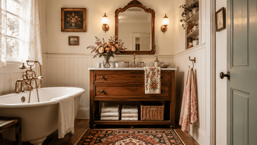 vintage mirror, warm wood vanity, woven basket, folded towels, floral hand towel, brass fixtures, patterned rug, and flowers.
