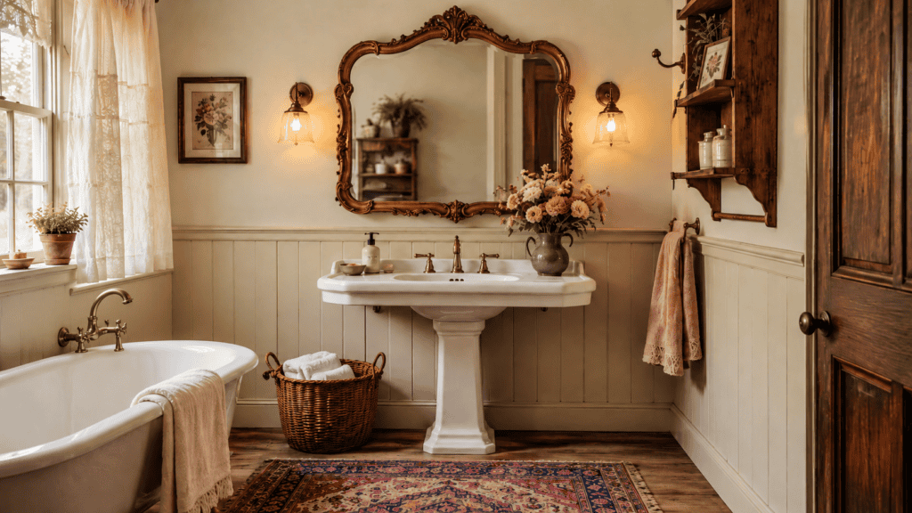 vintage mirror, brass fixtures, clawfoot tub, pedestal sink, woven basket, patterned rug, flowers, and warm wood accents.