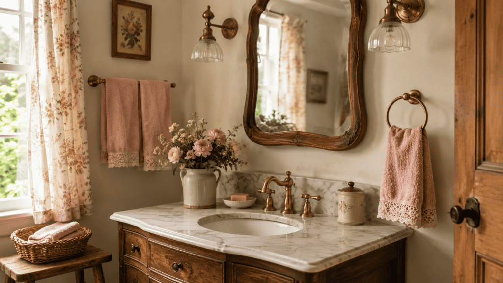 Cottage bathroom vanity with vintage wood mirror, blush pink towels, brass fixtures, floral curtains, and soft natural light.