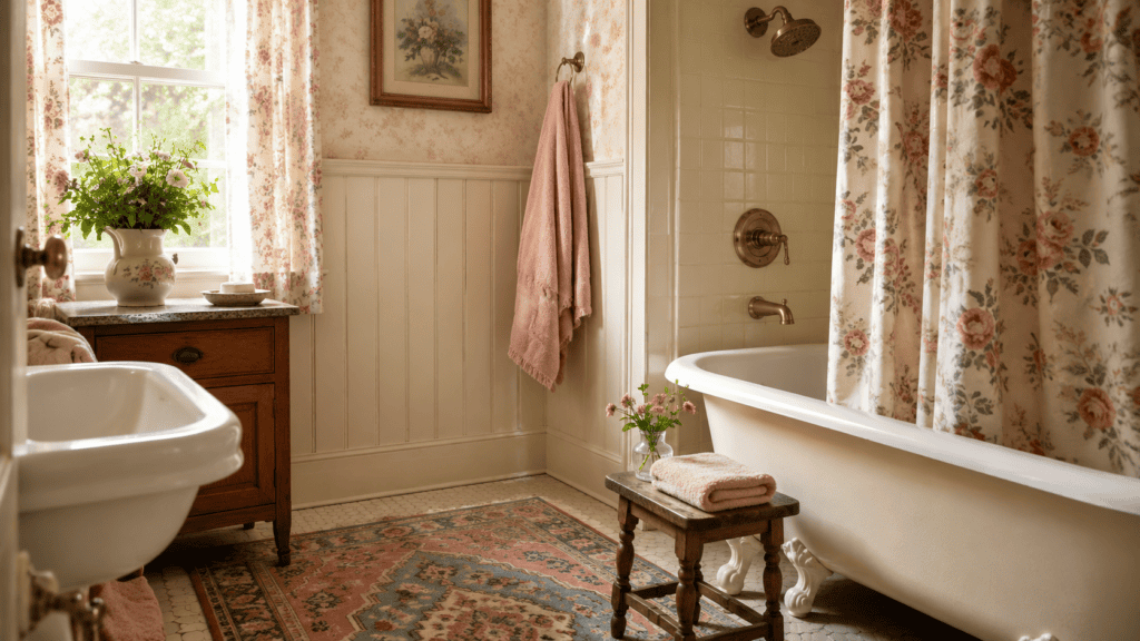 Cottage bathroom with floral shower curtain, brass shower hardware, vintage rug, wooden stool, pink towel, and soft natural light.
