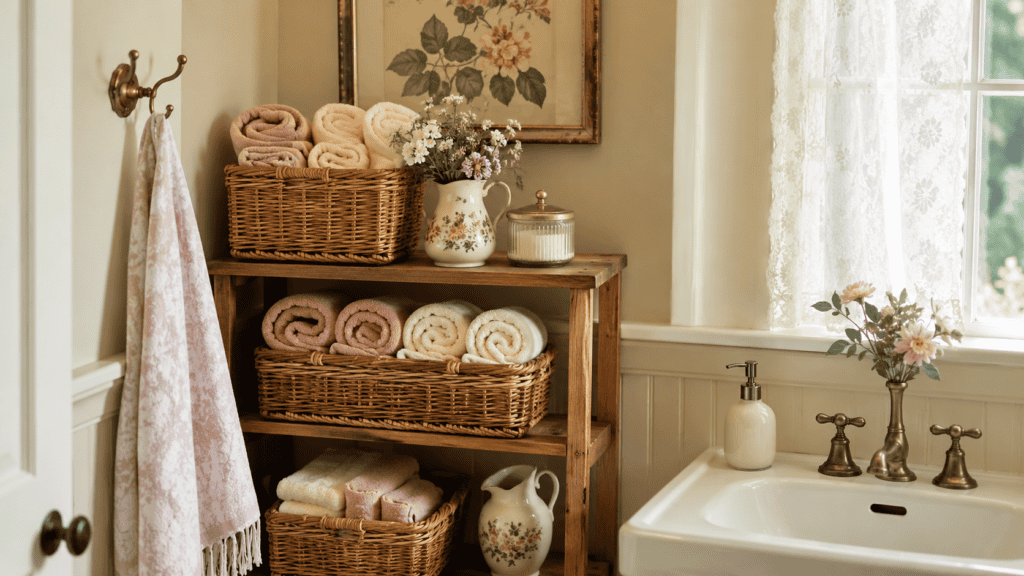 A charming cottage bathroom corner with a floral shower curtain, brass fixtures, a vintage rug, and soft pink accents.