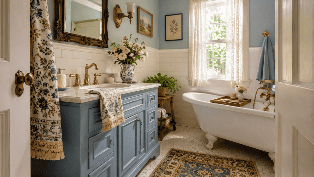 Cottage bathroom with soft blue vanity, cream tile, brass faucet, vintage mirror, floral hand towel, patterned rug, and natural light.