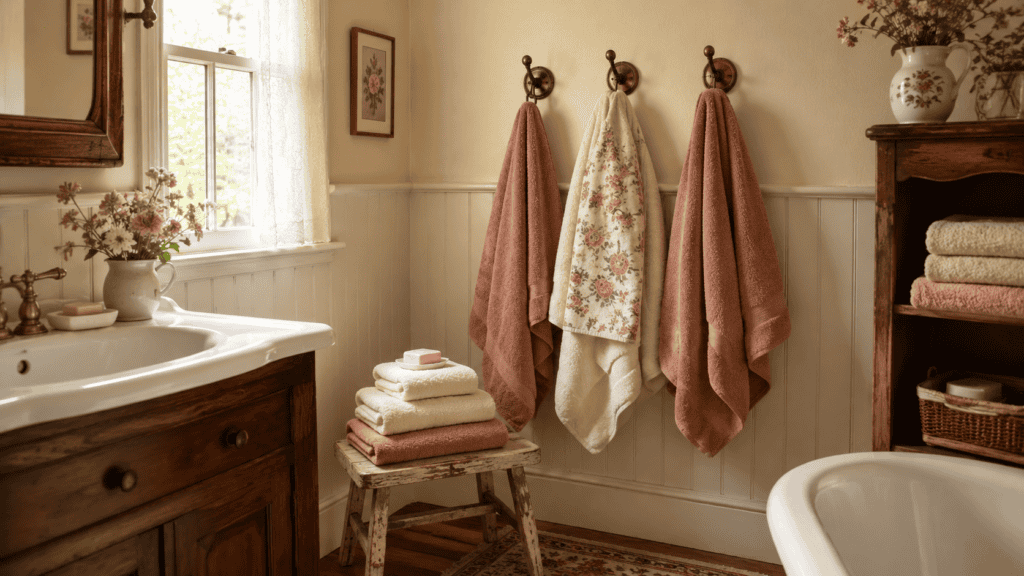 Cottage bathroom with soft blush and cream towels, floral hand towel, brass hooks, vintage stool, warm wood accents, and natural light.