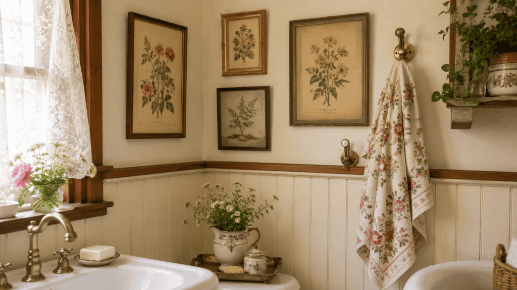 Cottage bathroom wall with framed botanical prints, brass hooks, floral hand towel, cream beadboard, warm wood trim, and soft natural light.