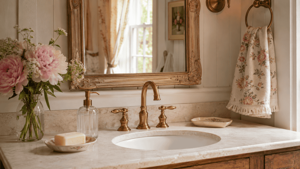 sink with brass faucet, vintage mirror, floral hand towel, soap dish, glass dispenser, flowers, and warm wood vanity.