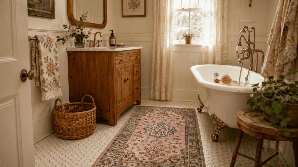 vintage-style rug, warm wood vanity, brass fixtures, floral hand towel, woven basket, clawfoot tub, and natural light.