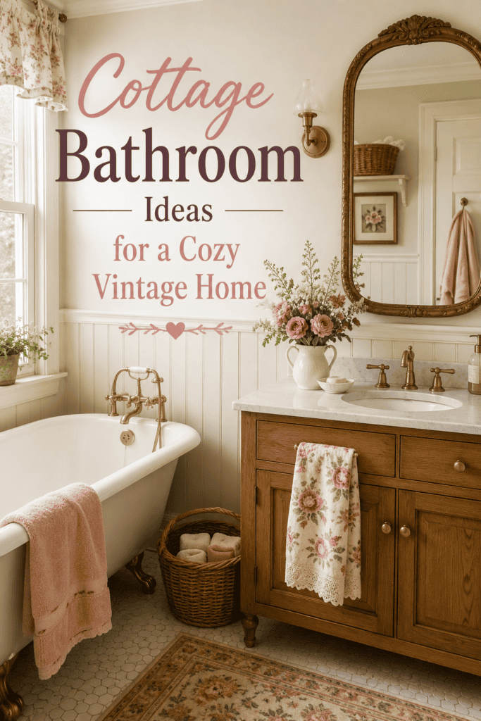Vertical Pinterest pin for cottage bathroom ideas with a cozy vintage bathroom, floral accents, brass fixtures, warm wood vanity, and soft pink towels.