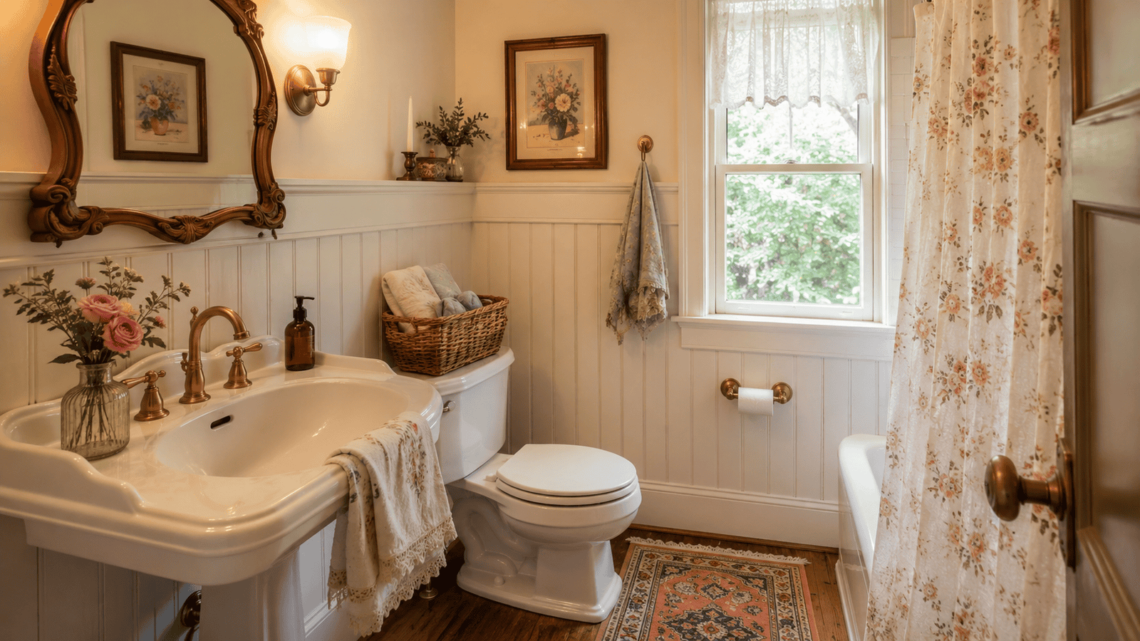Cozy vintage bathroom with cream walls, brass fixtures, soft towels, floral shower curtain, patterned rug, and warm cottage charm.