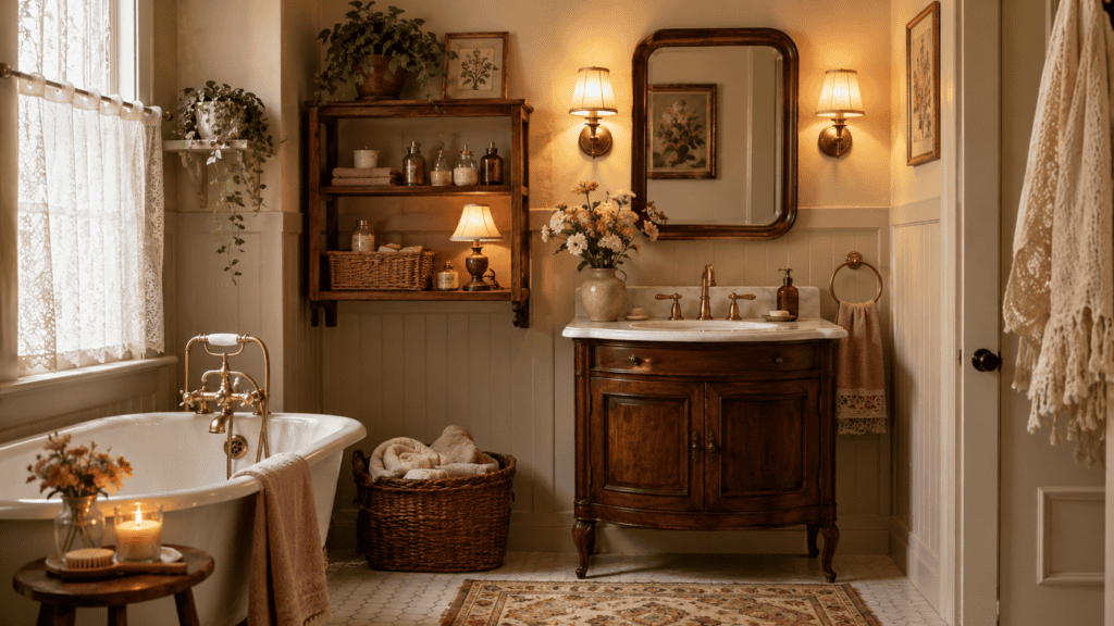 warm lighting, brass sconces, a small lamp, wood vanity, soft towels, woven basket, and cottage-style charm.