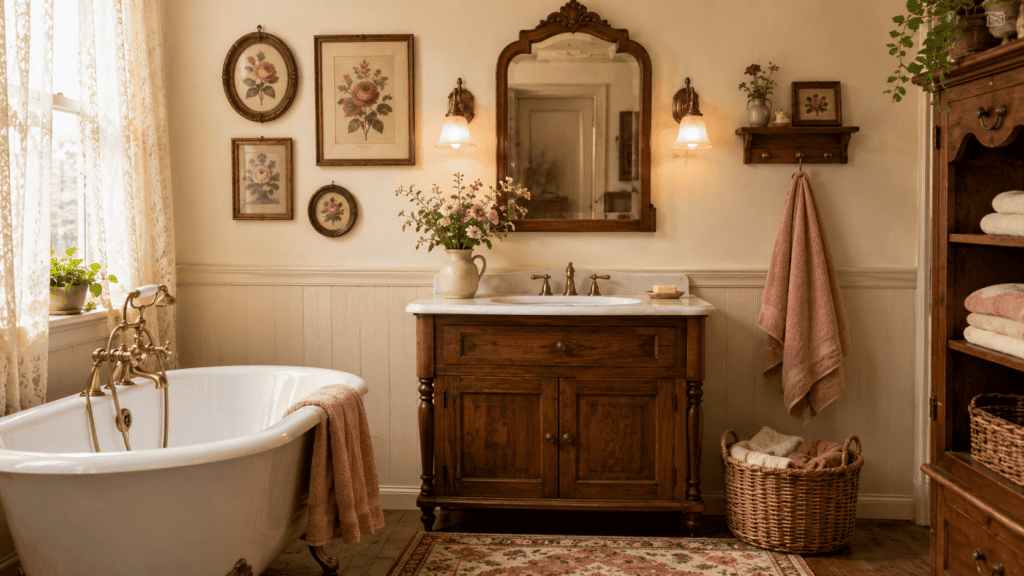 framed floral wall art, warm wood vanity, brass fixtures, soft towels, woven basket, and cottage-style charm.