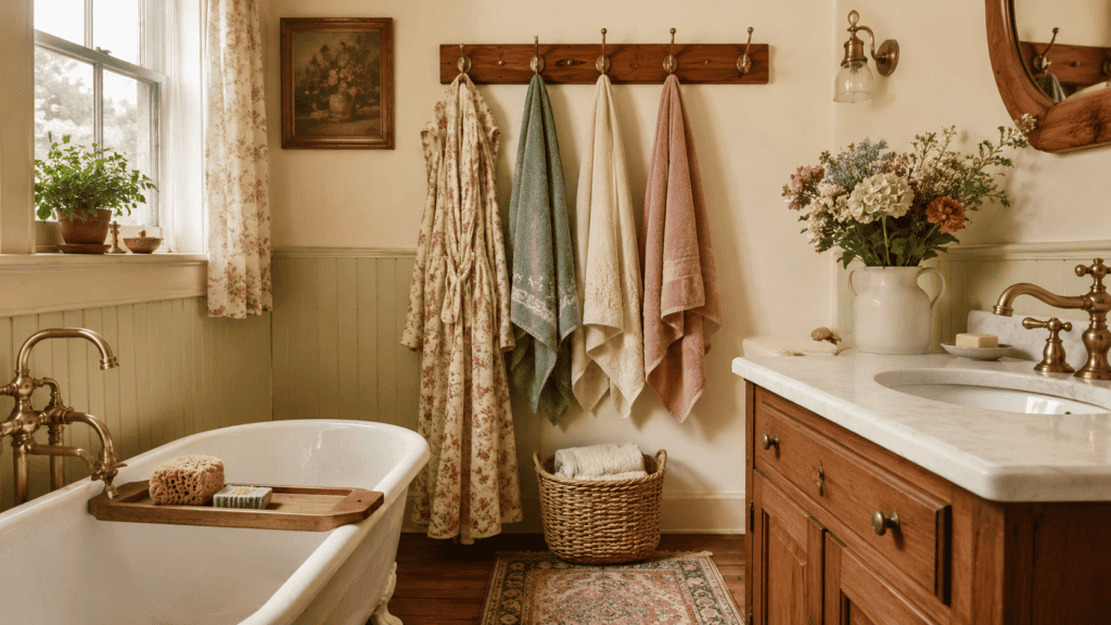 brass wall hooks, a wood peg rail, soft towels, floral robe, woven basket, and warm cottage-style charm.