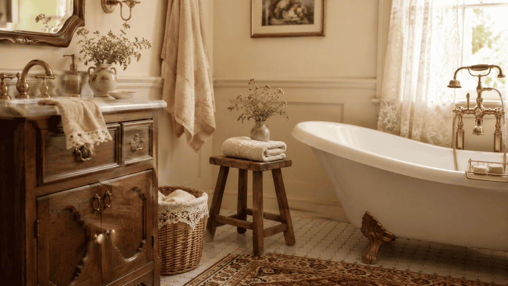 a small wooden stool, folded towel, simple vase of flowers, brass fixtures, woven basket, and warm cottage charm.