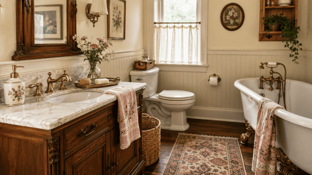 a warm wood vanity, brass fixtures, pretty soap dispenser, floral hand towel, woven basket, patterned rug, and cottage-style charm.