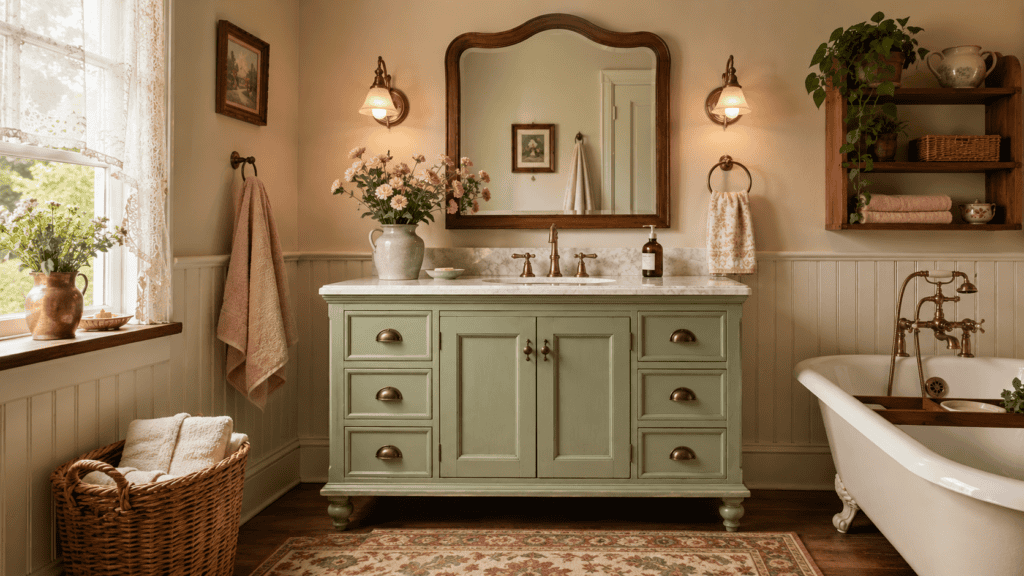 soft sage green vanity, brass fixtures, vintage mirror, soft towels, woven basket, flowers, and cottage-style charm.