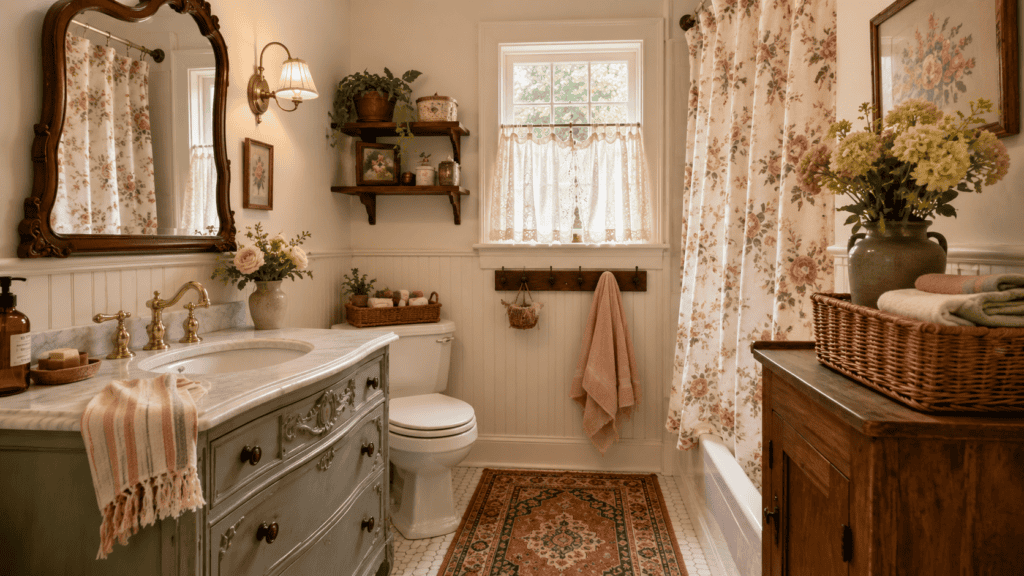 cream walls, floral shower curtain, painted vanity, brass fixtures, patterned rug, soft towels, and cottage-style charm.
