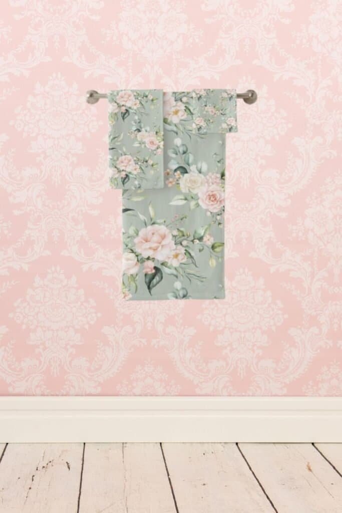 Set of sage green towels with wash cloth with pink flowers