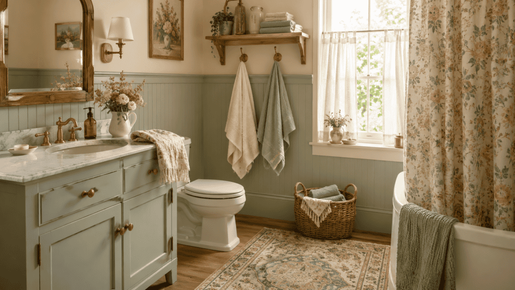 Cozy vintage bathroom with sage green accents, brass fixtures, soft layered towels, patterned rug, woven basket, and warm cottage charm.