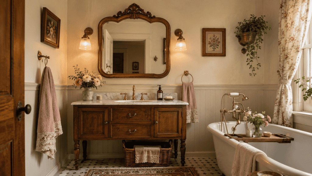 Cozy vintage bathroom with an ornate mirror, warm wood vanity, brass fixtures, soft towels, flowers, and cottage-style charm.