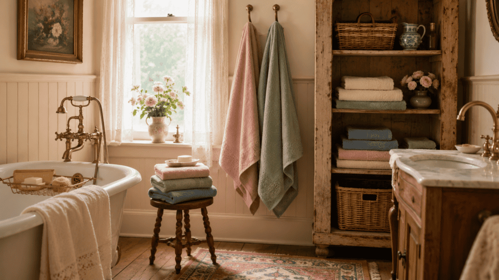 Cozy vintage bathroom with soft layered towels, brass hooks, warm wood shelving, woven baskets, flowers, and cottage-style charm.