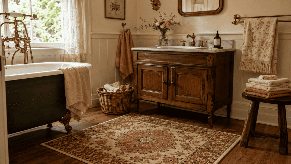 Cozy vintage bathroom with a warm patterned rug, wood vanity, brass fixtures, soft towels, woven basket, and cottage-style charm.