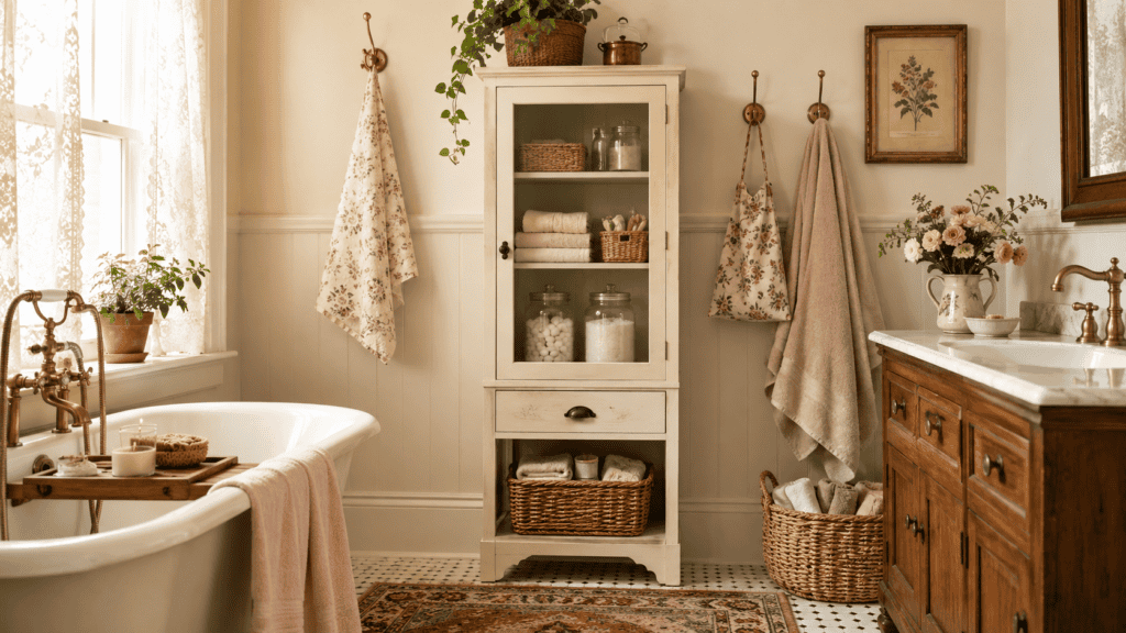 Cozy vintage bathroom with a narrow linen cabinet, woven baskets, folded towels, glass jars, brass hooks, and warm cottage charm.
