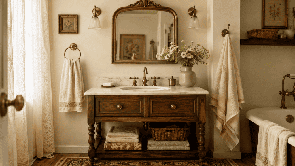 Cozy vintage bathroom with brass fixtures, antique gold mirror, warm wood vanity, soft towels, flowers, woven basket, and cottage charm.