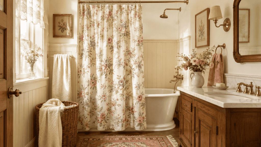 Cozy vintage bathroom with floral shower curtain, brass fixtures, warm wood vanity, soft towels, woven basket, and cottage-style charm.