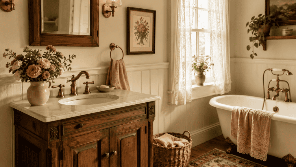 a simple vase of flowers on a warm wood vanity, brass fixtures, soft towels, woven basket, and cottage charm.